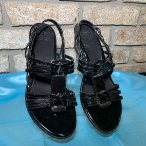 Mootsies Tootsies black patent wedge heel sandal with silver accents